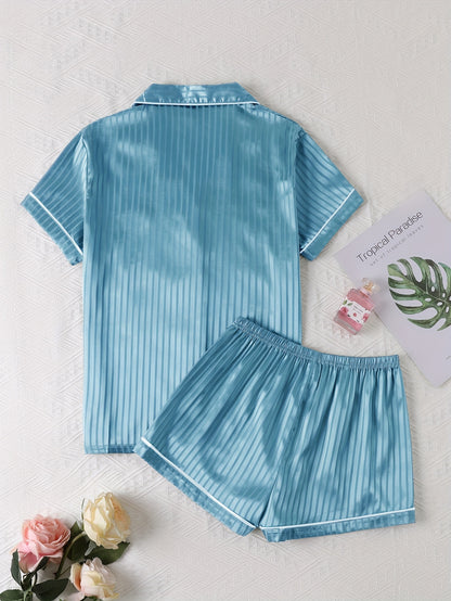 Luxurious Striped Satin Pajamas Set - Short Sleeve Button Top & Soft Shorts - Womens Comfy Sleepwear & Lounging Elegance for a Chic Nighttime Experience