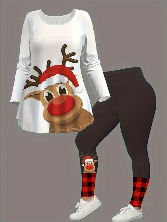 Two-piece Casual Christmas Print Outfits, Crew Neck Long Sleeve T-shirt & Skinny Leggings, Women's Clothing