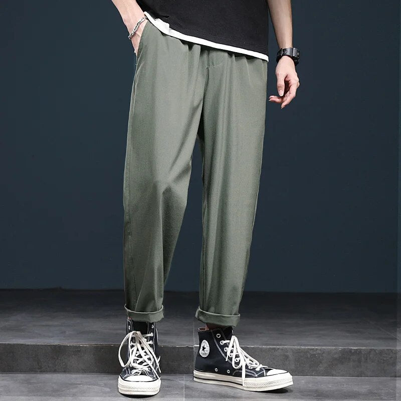 xiangtuibao -  New Korean Ice Silk Elastic Trousers Thin Casual Men'S Loose 9-Point Large Size Fashion Sports Male Pants Summer A61