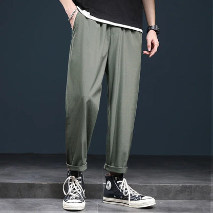 xiangtuibao -  New Korean Ice Silk Elastic Trousers Thin Casual Men'S Loose 9-Point Large Size Fashion Sports Male Pants Summer A61