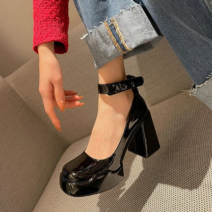 xiangtuibao Patent Leather High Heels Pumps Women  Autumn Thick Heel Chunky Platform Mary Jane Shoes Woman Black Ankle Straps Pump Shoes