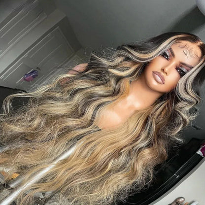 Ash Blonde Highlights 13x4 Lace Front Human Hair Wig for Women Black Roots Ombre Body Wave Synthetic Wig Pre Plucked