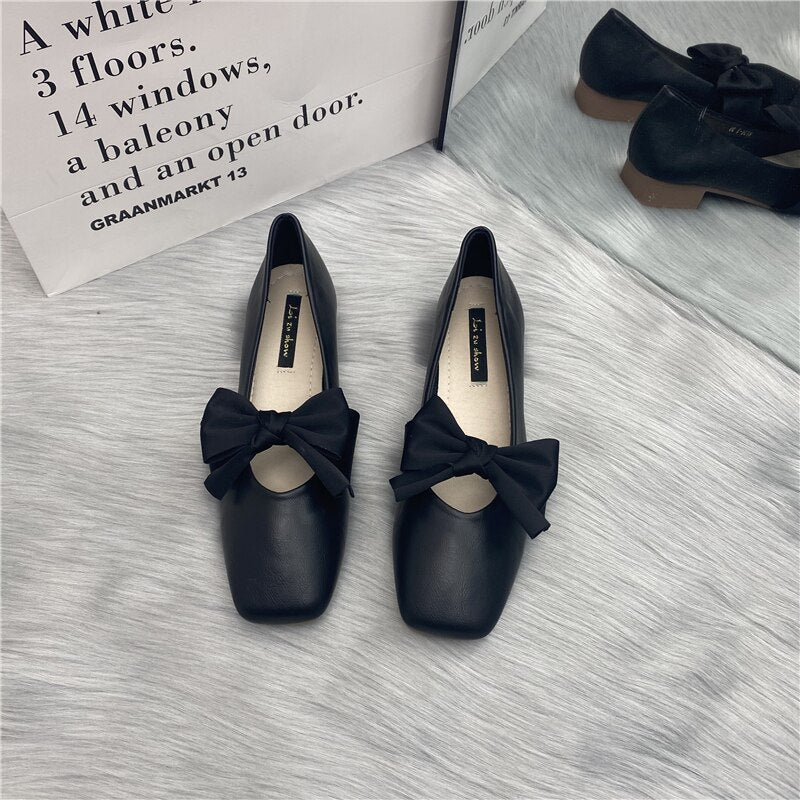 Bailamos Women Flats Ladies Female Footwear Bow-Knot Fashion Women's Casual Sneaker All-Match Square Toe Shallow Mouth Shoes