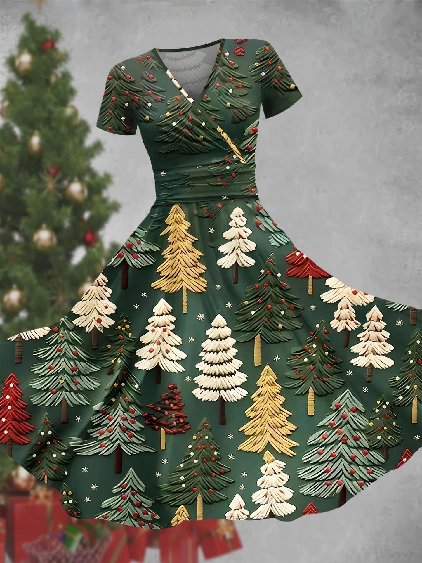 Vintage Christmas Themed Dress for Women - V-Neck Polyester Knit Fabric with Santa and Christmas Tree Print - All-Season Adult Dress with Flared Skirt