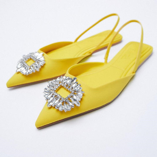 ZA Women's Shoes  Summer New Yellow Rhinestone Buckle Slingbacks Shoes Pointed Toe Flat Elegant Wedding Shoes