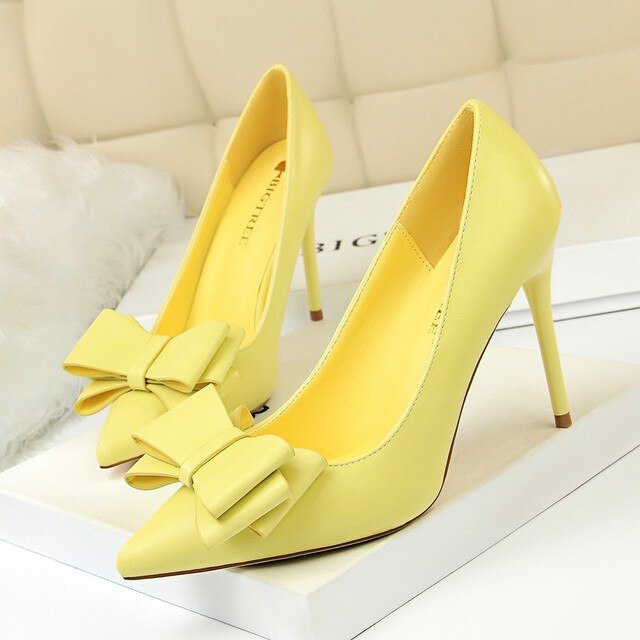 cute bow women high heels pumps Ladies shoes  sexy pointed toe 10cm thin heels 7 colors wedding shoes woman plus size 34-43