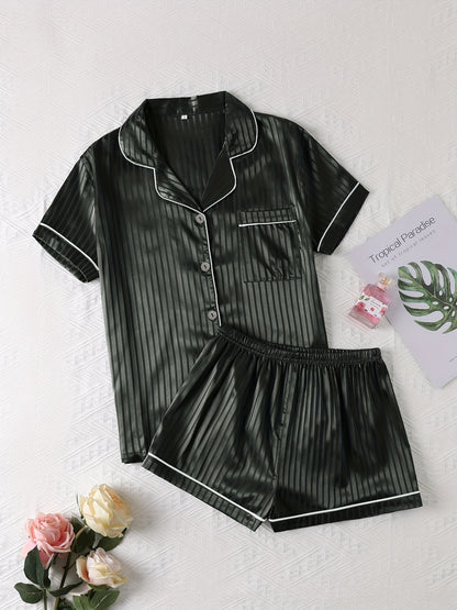 Luxurious Striped Satin Pajamas Set - Short Sleeve Button Top & Soft Shorts - Womens Comfy Sleepwear & Lounging Elegance for a Chic Nighttime Experience