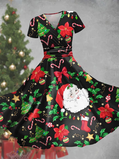 Vintage Christmas Themed Dress for Women - V-Neck Polyester Knit Fabric with Santa and Christmas Tree Print - All-Season Adult Dress with Flared Skirt