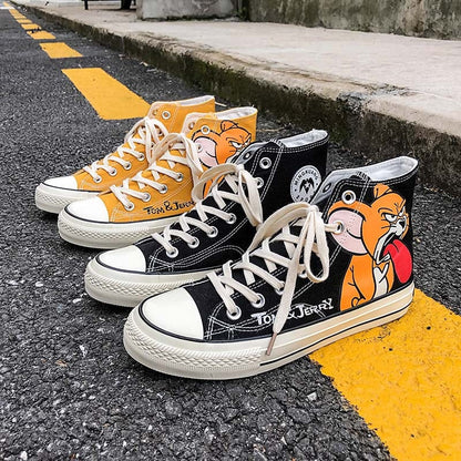 Women Canvas Shoes Fashion Unisex Casual Sneakers Student Women Casual Shoes High Top Woman Vulcanize Shoes  Cat and mouse