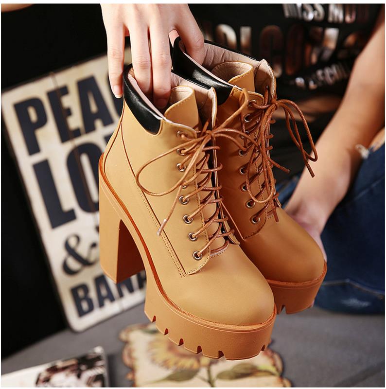 Spring Autumn Women Lace Up Platform Shoes Pu Leather Ladies High Heel Ankle Boots Female Motorcycle Boots Casual Footwear