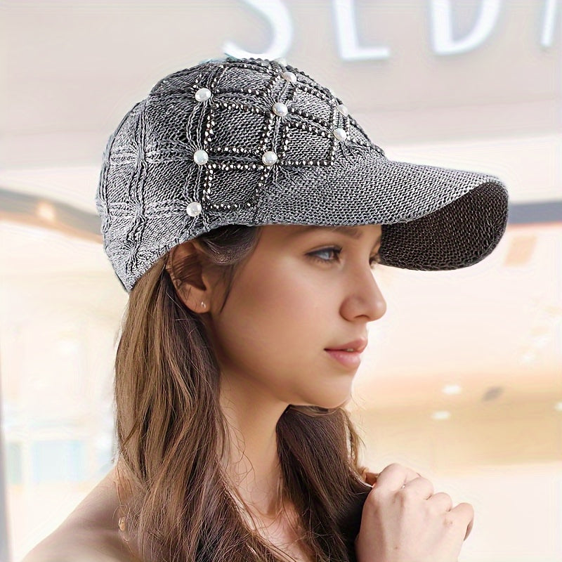 Stylish Women's Summer Sunshade Baseball Cap - Handmade Rhinestones, Knitted Checkered Design, Mesh Breathable, Versatile, Fashionable, and Protective - Perfect for Outdoor Activities