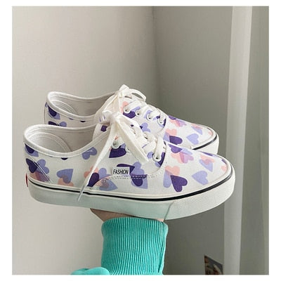 Hight-top Canvas Shoes Chic Women's  New Style White Shoes Spring Korean-style Girls Heart Sneakers 35-40 High Low Lace Up