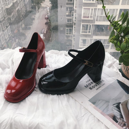 xiangtuibao Autumn New Brand Designer Shallow Mouth Single Shoes Cow Patent Leather Leather Thick High Heel Women Pumps Round Head One