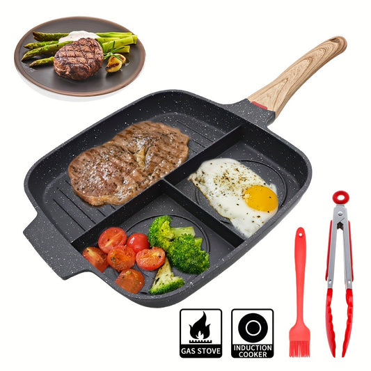 10.5 Inch Large Non-Stick Square Grill Pan for Stove Tops - Divided Sectional Skillet for Easy Breakfast Cooking, Heat-Resistant Silicone Brush & Clip Included - Compatible with All Stovetops, Induction Ready, Dishwasher Safe, and Easy Cleaning (Black)