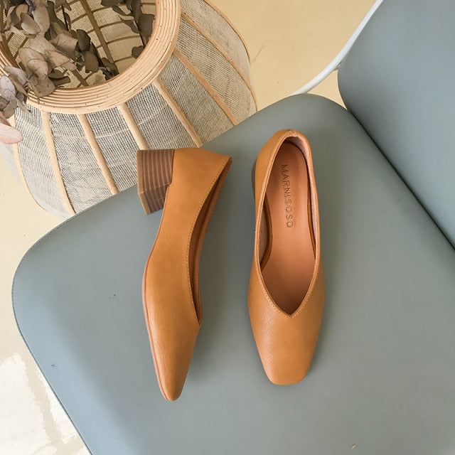 Genuine Leather Pumps Women Heels Shoes Block Heel Autumn Moccasin Square Toe Female Office Loafers Classic Hot Sale Luxury