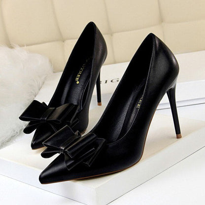 cute bow women high heels pumps Ladies shoes  sexy pointed toe 10cm thin heels 7 colors wedding shoes woman plus size 34-43