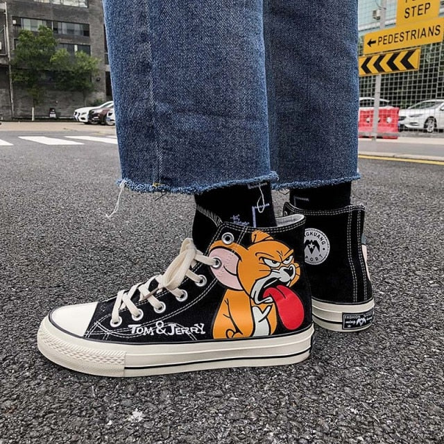 Women Canvas Shoes Fashion Unisex Casual Sneakers Student Women Casual Shoes High Top Woman Vulcanize Shoes  Cat and mouse