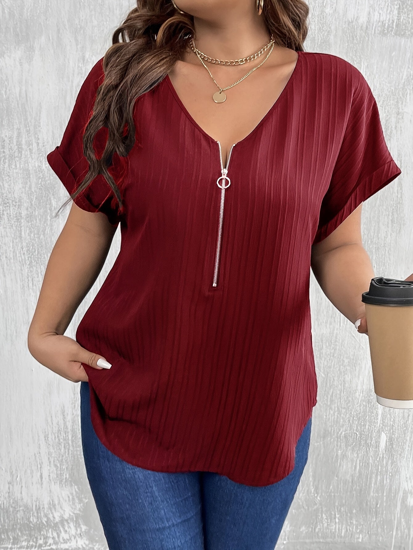 Plus Size Textured Blouse with Fashionable Half-Zip - Flattering V-Neck & Short Sleeves - Perfect Casual Elegance for Spring - Curvy Womens Wardrobe Must-Have