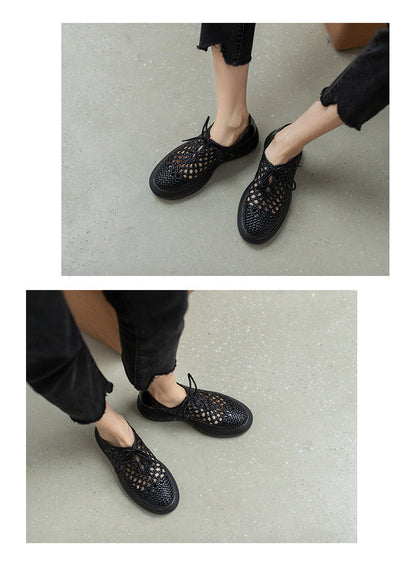 New Genuine Leather Sponge Cake Women Shoes Spring/summer Hollow Breathable Flat Platform Shoes Woven Hole Handmade Shoes Woman