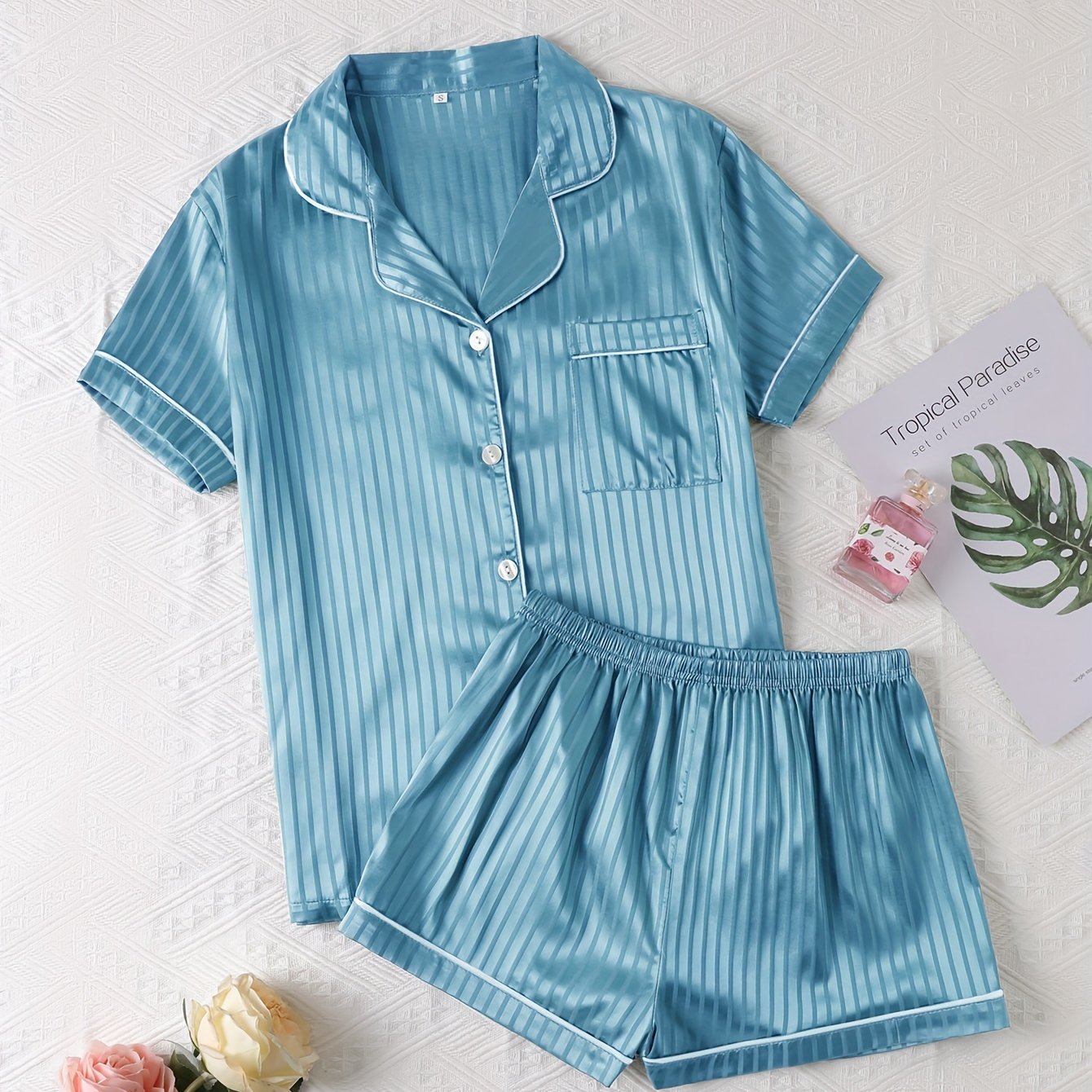 Luxurious Striped Satin Pajamas Set - Short Sleeve Button Top & Soft Shorts - Womens Comfy Sleepwear & Lounging Elegance for a Chic Nighttime Experience