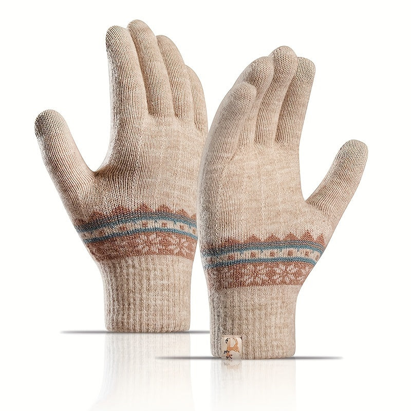 1 Pair Snowflake Pattern Winter Gloves, Full Finger Elastic Knitted Gloves