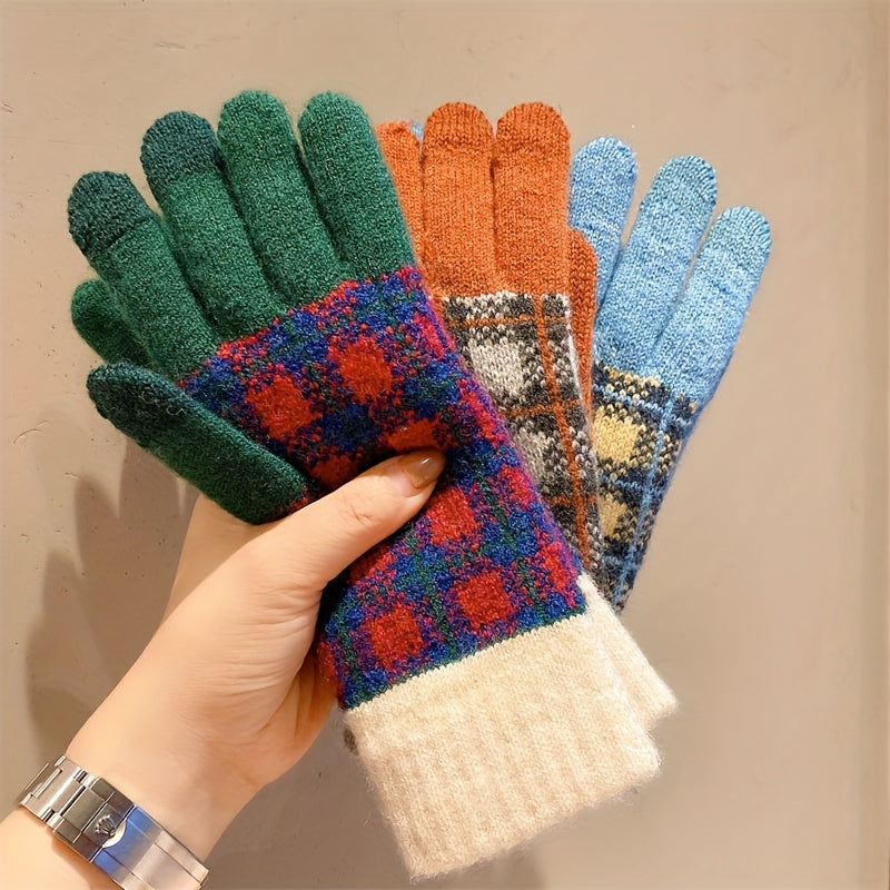 1 Pair Gingham Print Knitted Gloves, Unisex Full Finger Warm Winter Gloves, Touch Screen Hand Warmer Gloves For Cycling Driving