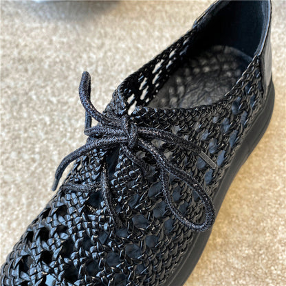 New Genuine Leather Sponge Cake Women Shoes Spring/summer Hollow Breathable Flat Platform Shoes Woven Hole Handmade Shoes Woman