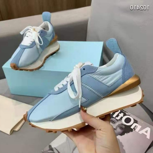 Spring Thick Sole Casual Daddy Shoes Women Flat Mixed Color Lace Up Patchwork Sneakers Outdoor Walk Tennis Shoes  Unisex