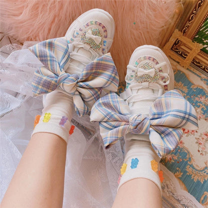 Lolita Plaid Bowknot Sweet Girly Style Thick-soled Casual Sports Shoes Breathable Flat Platform Shoes kawaii shoes loli cosplay