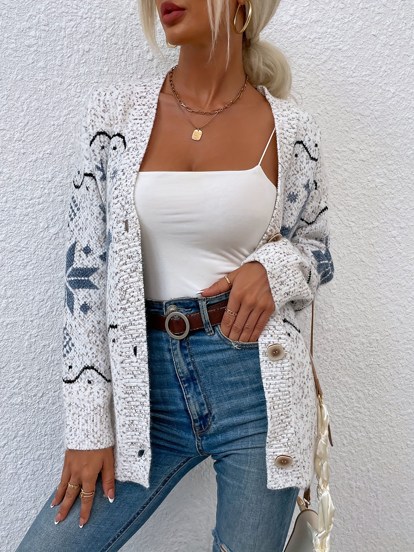 Long Sleeve Deer Pattern Drop Shoulder Cardigan for Fall & Winter, Elegant Women's Clothing