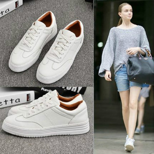 Women's White Flat Sneakers Outdoor Soft Lace Up Jogging Shoes for Student Split Leather Comfortable Women Chunky Sneaker