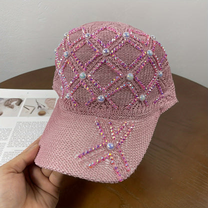 Stylish Women's Summer Sunshade Baseball Cap - Handmade Rhinestones, Knitted Checkered Design, Mesh Breathable, Versatile, Fashionable, and Protective - Perfect for Outdoor Activities