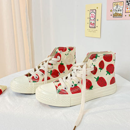 xiangtuibao  Strawberry Print Women Canvas Shoes Flats Women Vulcanized Shoes Lace-Up Female Casual Shoes Ladies Canvas Sneakers