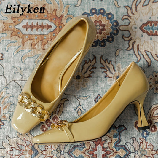 Eiyken  New Chain High Heels Pumps Round Toe Slip On Women High-Heeled Shoes Sexy Ladies Work heels 7CM Women shoes