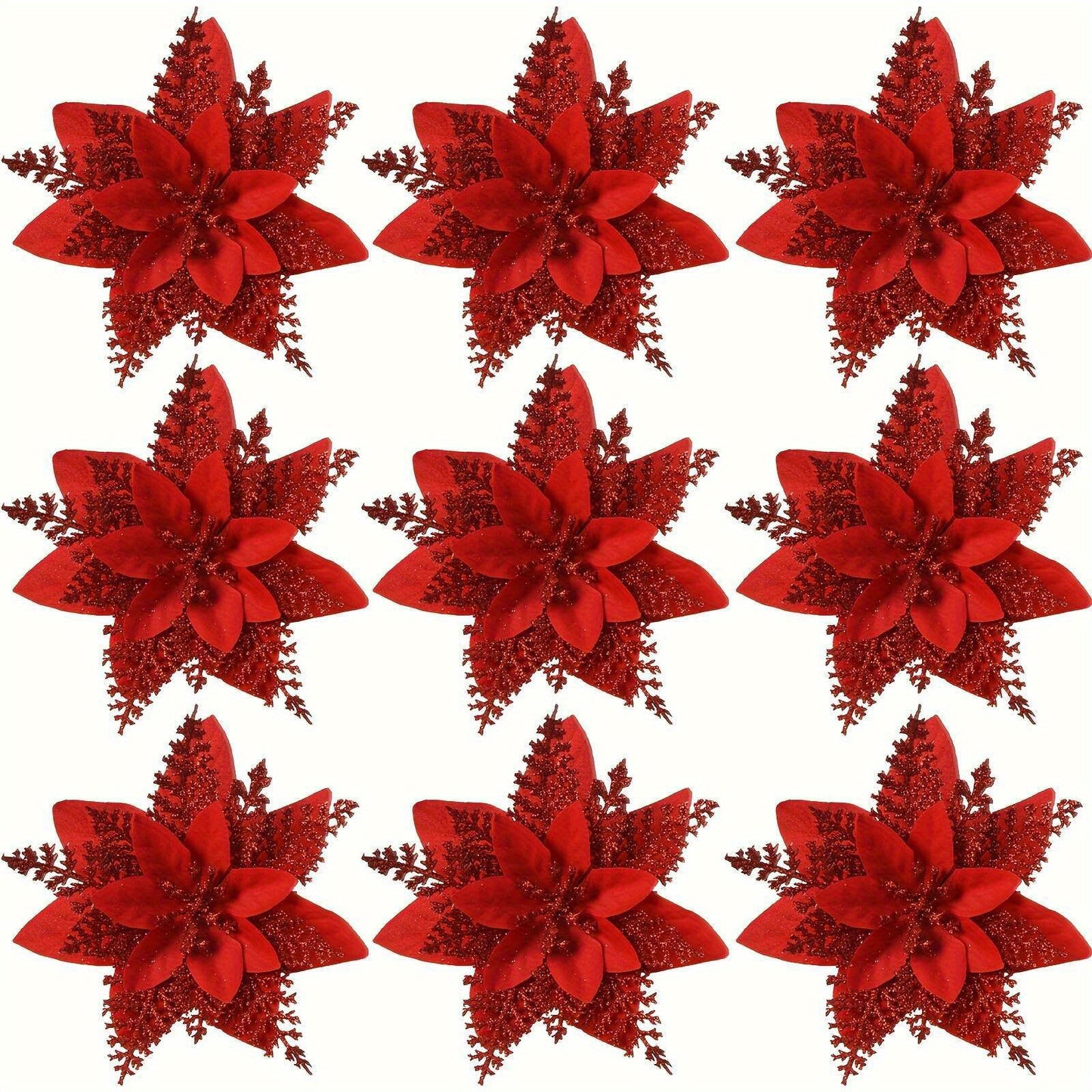 12pcs Large 5.91" Sparkling Poinsettia Artificial Flowers - Perfect for Christmas Tree & Home Party Decorations