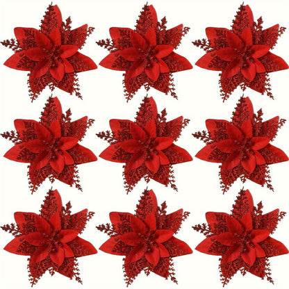 12pcs Large 5.91" Sparkling Poinsettia Artificial Flowers - Perfect for Christmas Tree & Home Party Decorations