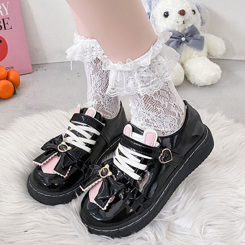 Rimocy Sweet Bow Lolita Shoes Women Spring Heart-shaped Buckle Platform Flats Woman Mix Color Non-slip Lovely Mary Jane Shoes