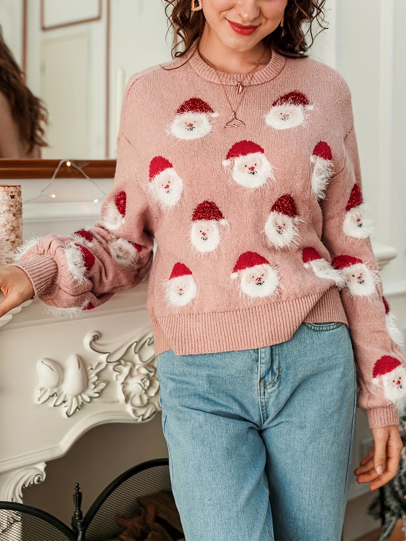 Elegant Christmas-Themed Knit Sweater for Women - Cozy Polyester & Nylon Blend, Machine Washable, Round Neck, Perfect for Fall/Winter