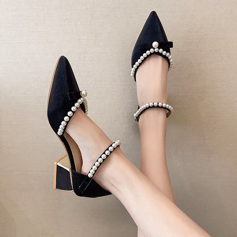 xiangtuibao   Summer Pearl Pumps Women Pointed Toe Ankle Strap High Heels Shoes Woman Med Heel Elegant Bowknot Dress Shoes Ladies