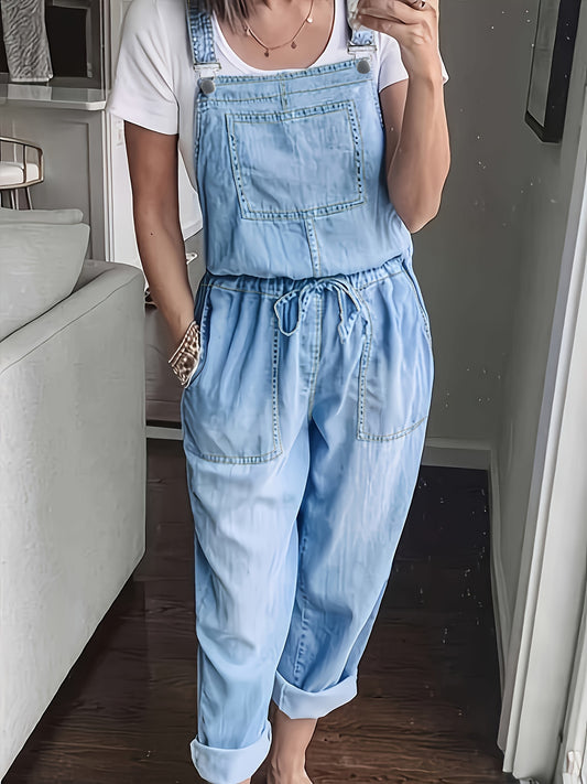 Plain Washed Blue Elegant Style Drawstring Elastic Waistband Denim Overalls Dungarees, Women's Denim Jeans & Clothing