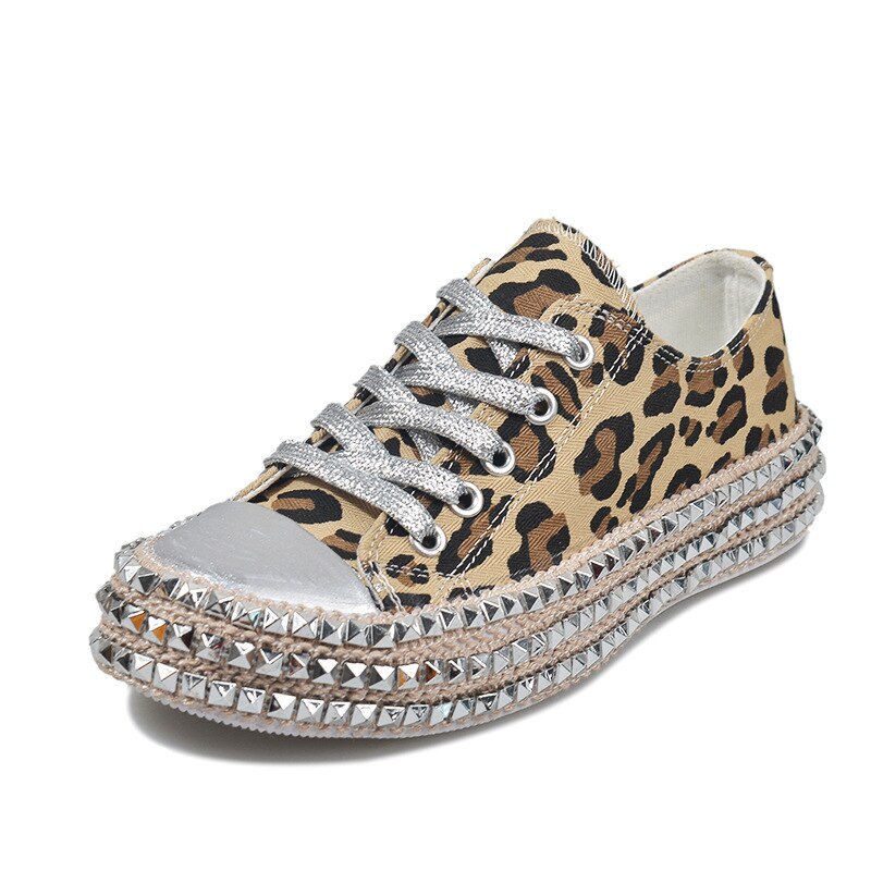 Women Sneakers Leopard Rivets Shoes Women Canvas Shoes Leisure Lace-Up Low High Top Sneakers Basket Femme Big Size Women Shoes