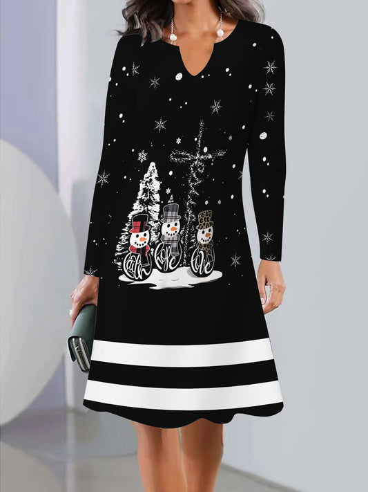 Women's Christmas Themed 3D Print V-Neck Long Sleeve Dress - Casual Polyester Knit Fit Dress with Snowmen and Christmas Tree Design for Adults - Autumn/Winter Collection