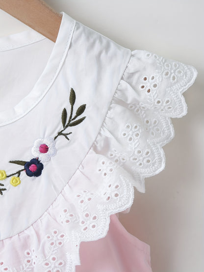 Adorable Girls Lace Dress with Delicate Collar - Charming Floral Embroidery, Soft Cotton, Comfort Fit, Sleeveless Design - Perfect for Little Fashionistas