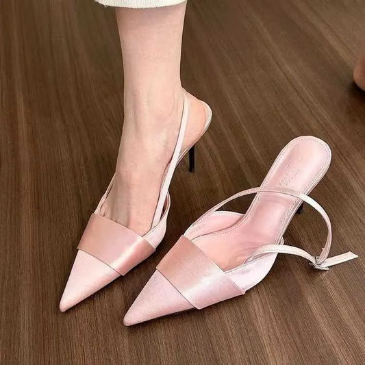 Sandals Cool and high-end pointed silver satin sandals for women with a toe bag and back air thin heels for high heels fashionable single shoes for women Y240604S9GN