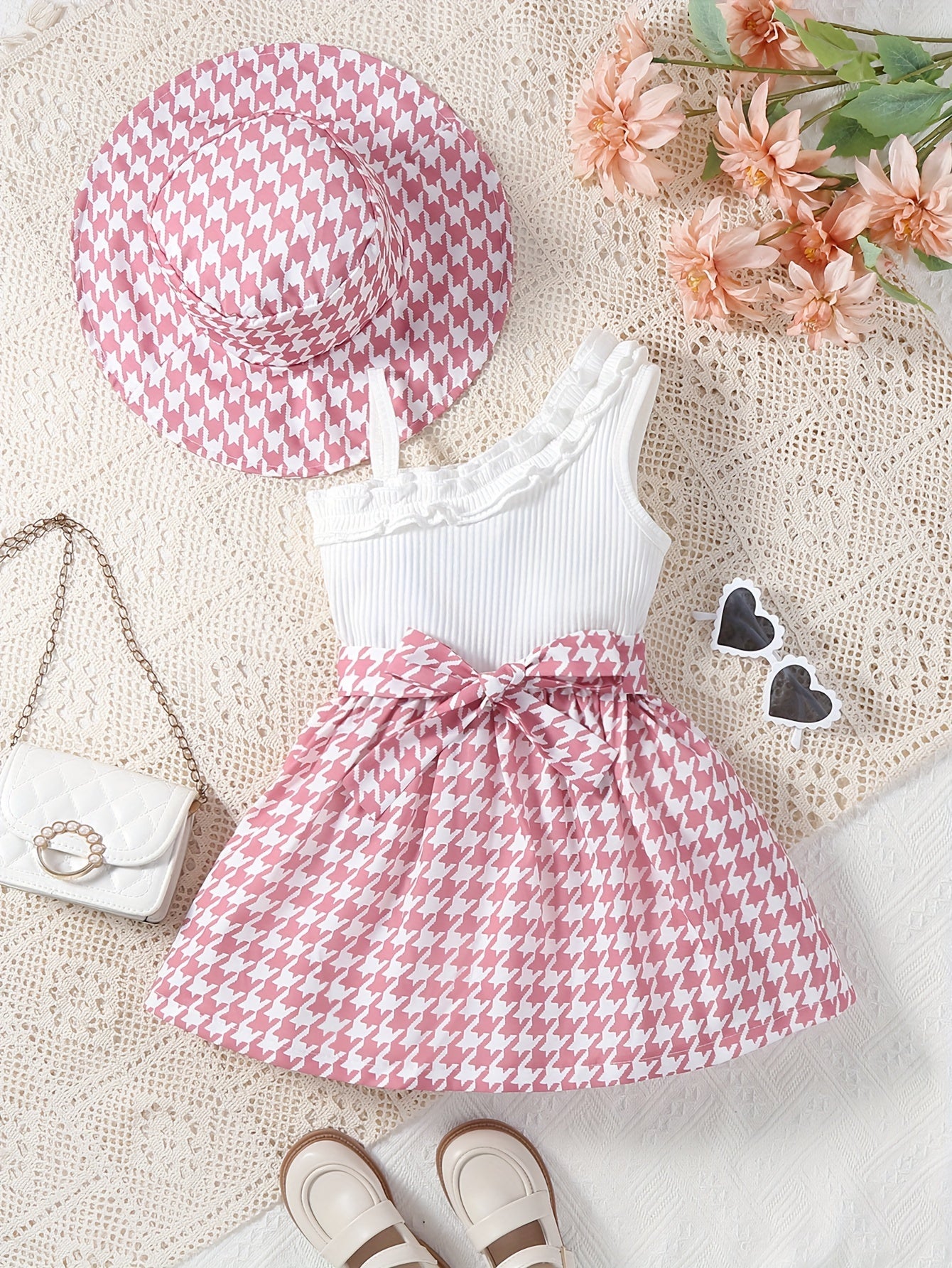 Toddler Girls Splicing Ruffle Trim Sleeveless Houndstooth Pattern Dress With Hat For Spring Summer Party