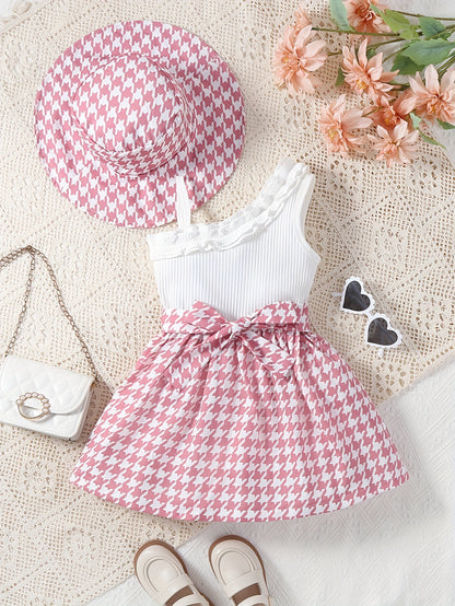 Toddler Girls Splicing Ruffle Trim Sleeveless Houndstooth Pattern Dress With Hat For Spring Summer Party