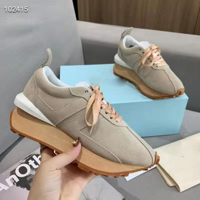 Spring Thick Sole Casual Daddy Shoes Women Flat Mixed Color Lace Up Patchwork Sneakers Outdoor Walk Tennis Shoes  Unisex