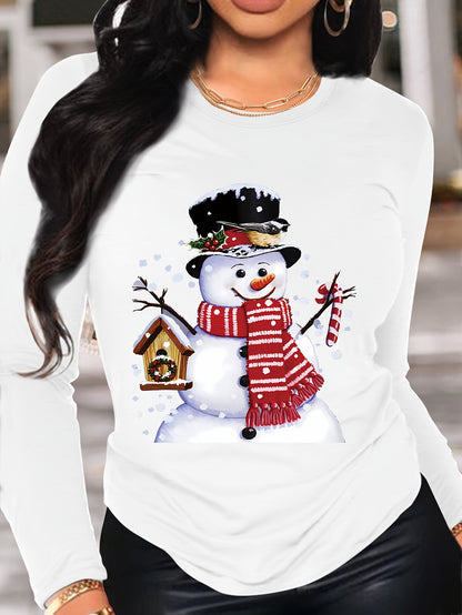 Long Sleeve Christmas Snowman Print T-shirt, Crew Neck Casual Top For Spring & Fall, Women's Clothing