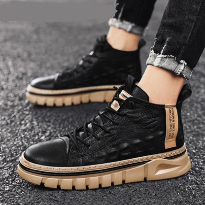 xiangtuibao New Martin Boots Men Leather Autumn Winter Casual Shoes Motorcycle Lace Up Ankle Boots Man Platform Fashion Black Mid Top Boots