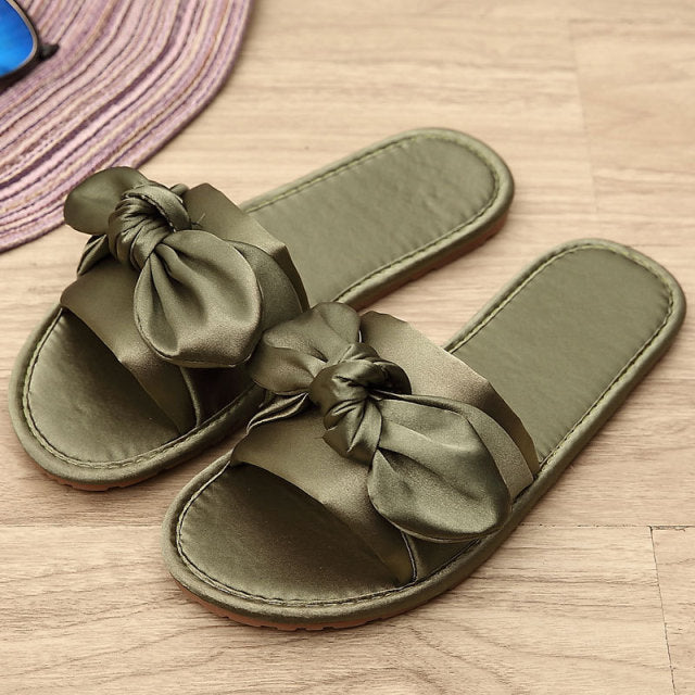 Women Home Slipper Indoor Outdoor Bow Flip-flops Fashion Silk Flat Shoes New Fashion Female Casual flower Print Slides SH021401